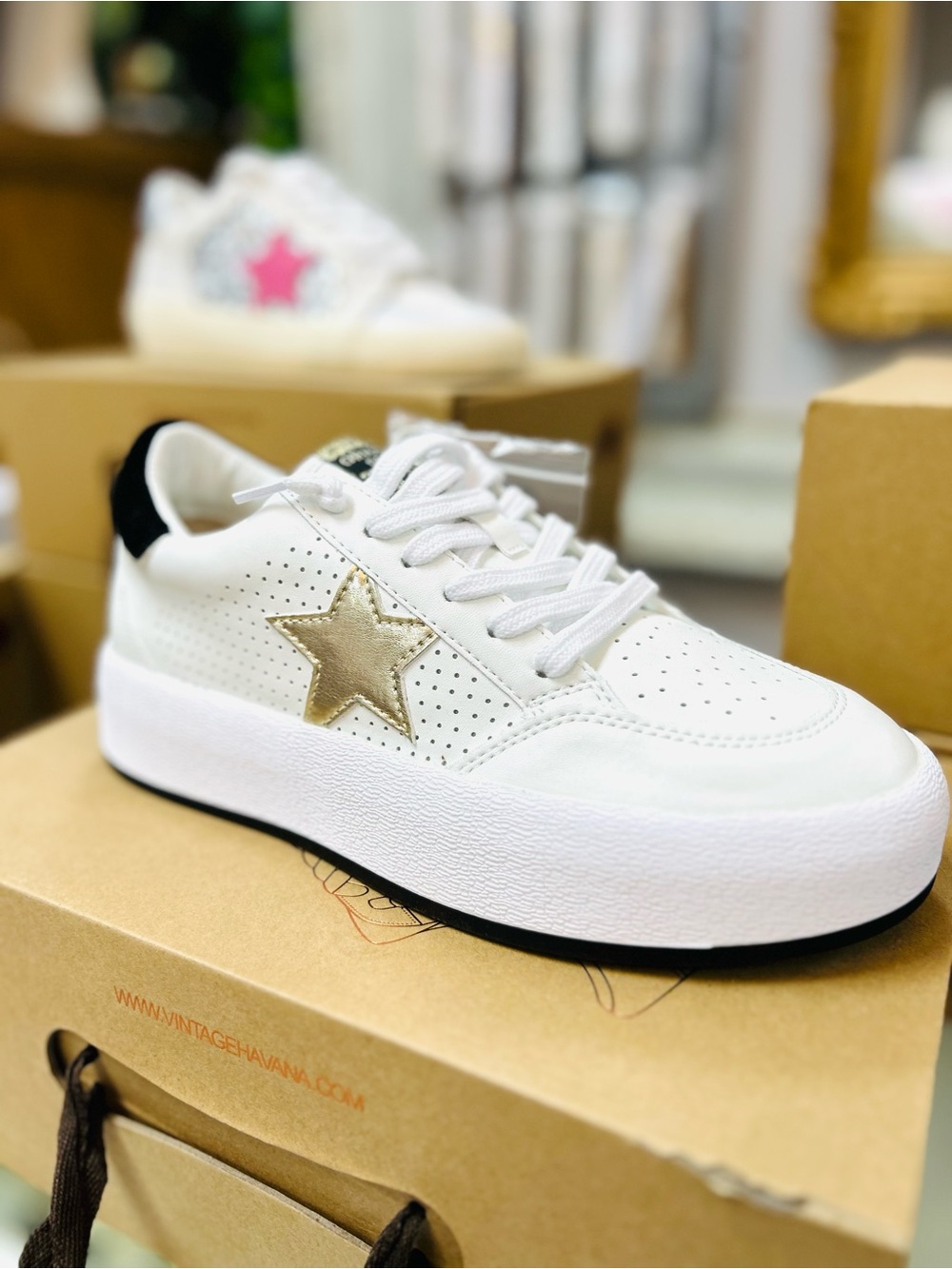 Vintage Havana White Platform Sneaker with Gold Star